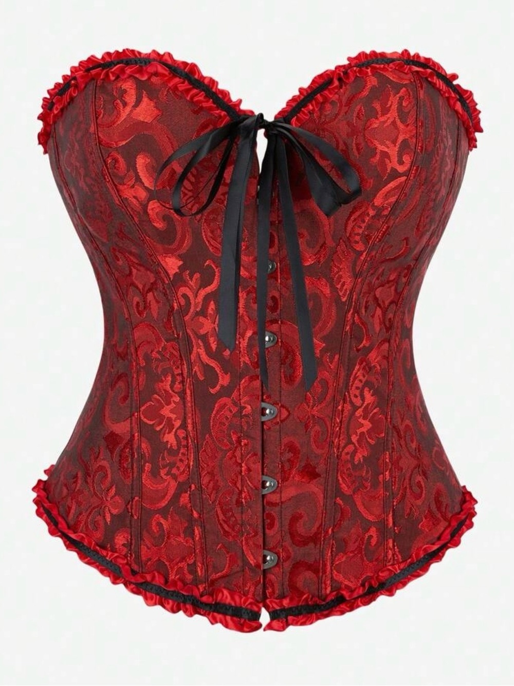 Red Black Jacquard Lace Up Corset Top Bustier Waist Cincher Size XL